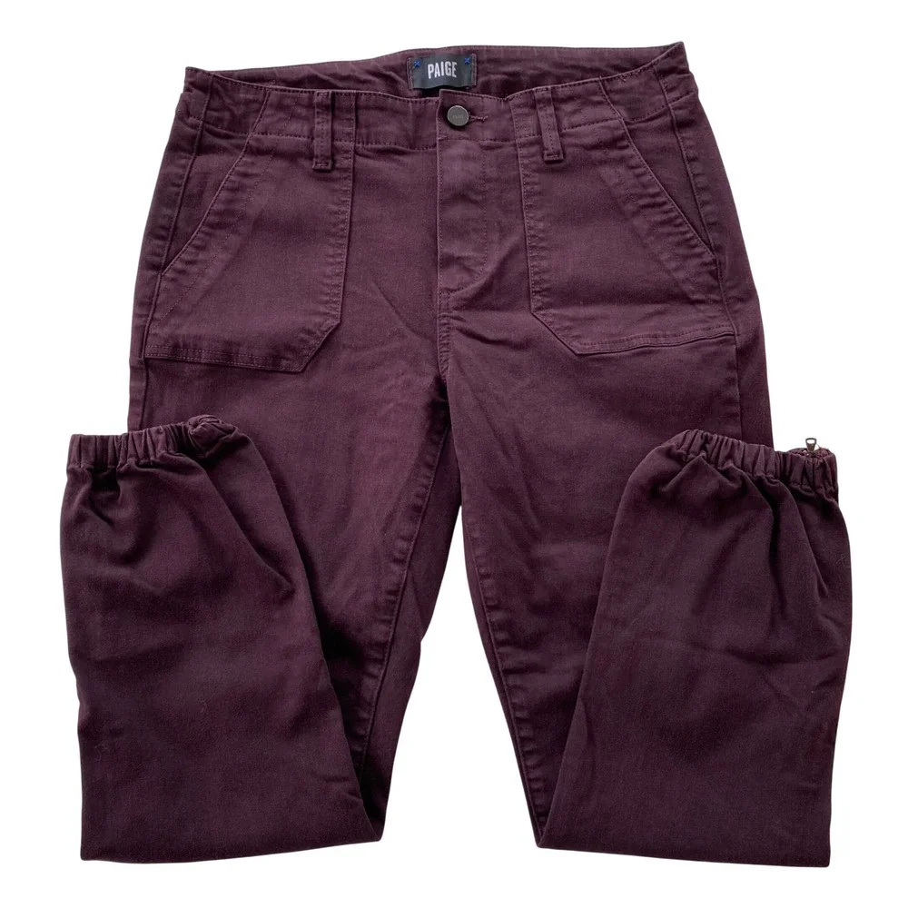 PAIGE Mayslie Jogger Pants Women 28 Maroon Utility Cargo Ankle Zip Stretch